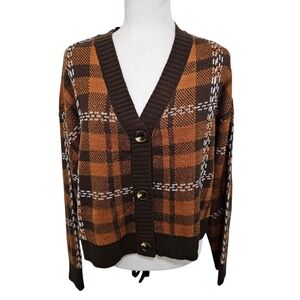 Major Label Group Plaid 3 Button V Neck Cardigan Sweater Brown Orange Large Fall